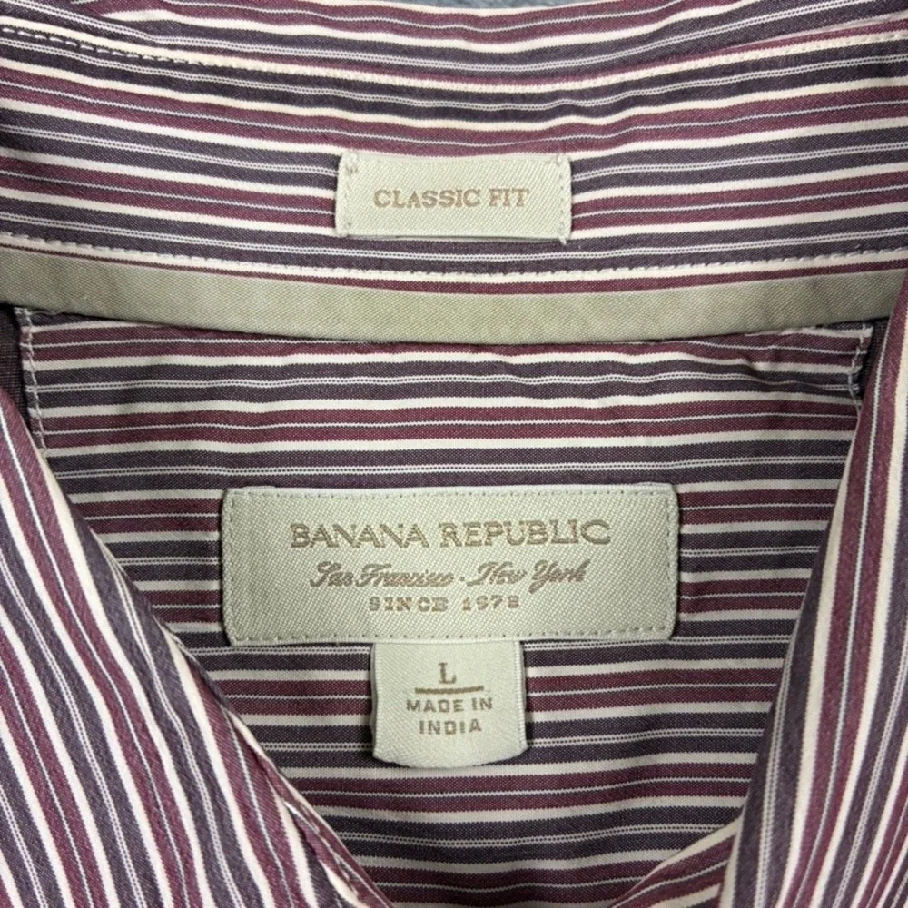 Banana Republic Mens Large Classic Fit Striped Button Down Shirt Burgundy Brown
